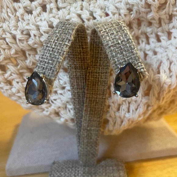 Talbots Silver Dark Smokey Grey Crystal Earrings, Oxidized Silver - Picture 3 of 3